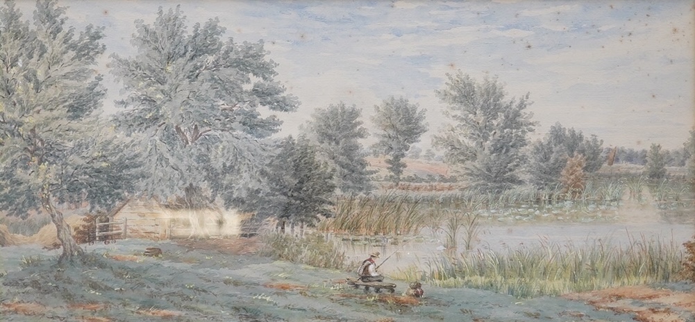 Late 19th century, English school, anglers beside a river, unsigned, 21 x 44cm. Condition - fair